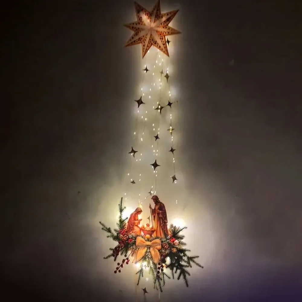 La estrella encendida en una pared a oscuras