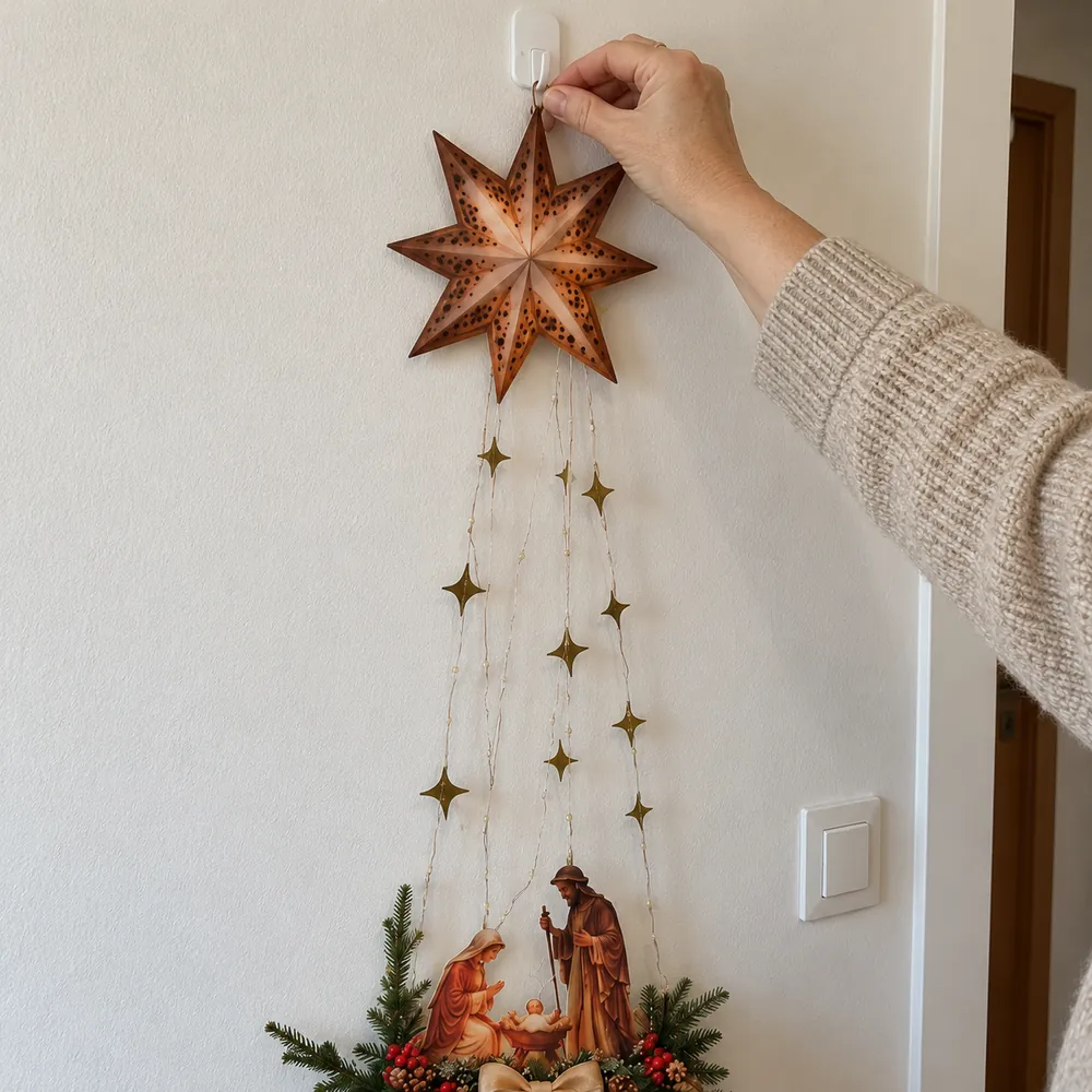 Una mano cuelga la estrella de un gancho adhesivo
